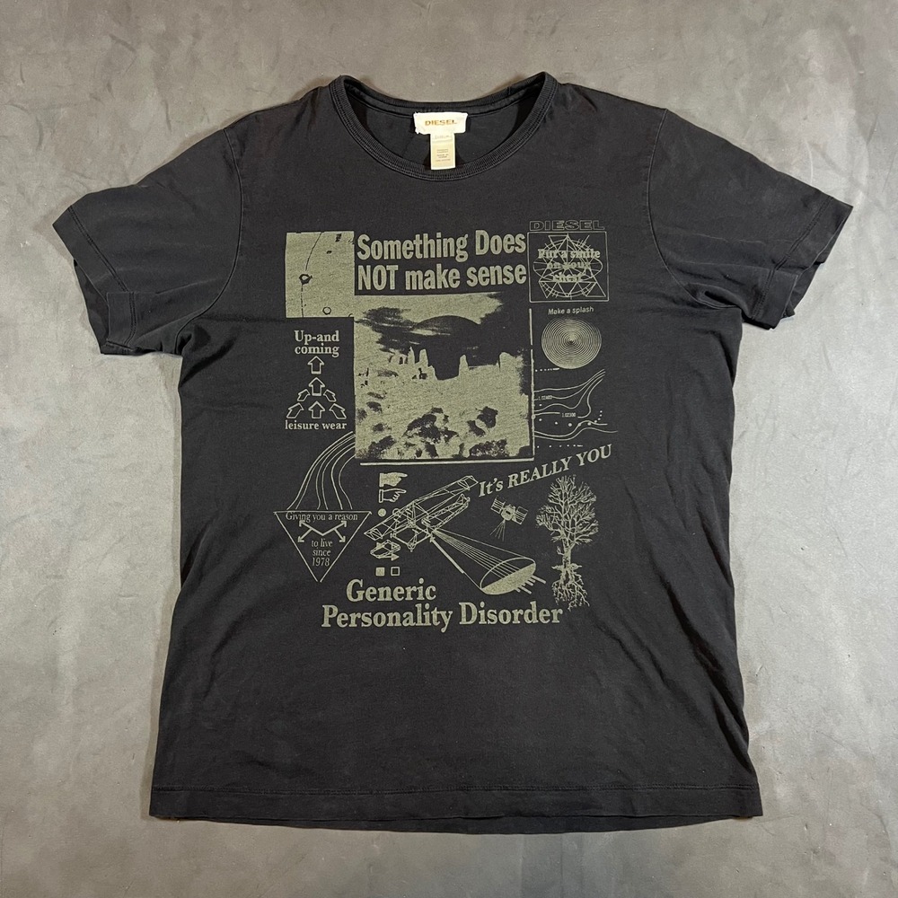 RARE Y2K Diesel Graphic T-Shirt Mens Size M Black Generic Personality Disorder